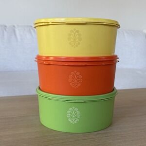 Vintage 1970's Tupperware Servalier Bowl Set Green Orange Yellow Retro USA RETRO